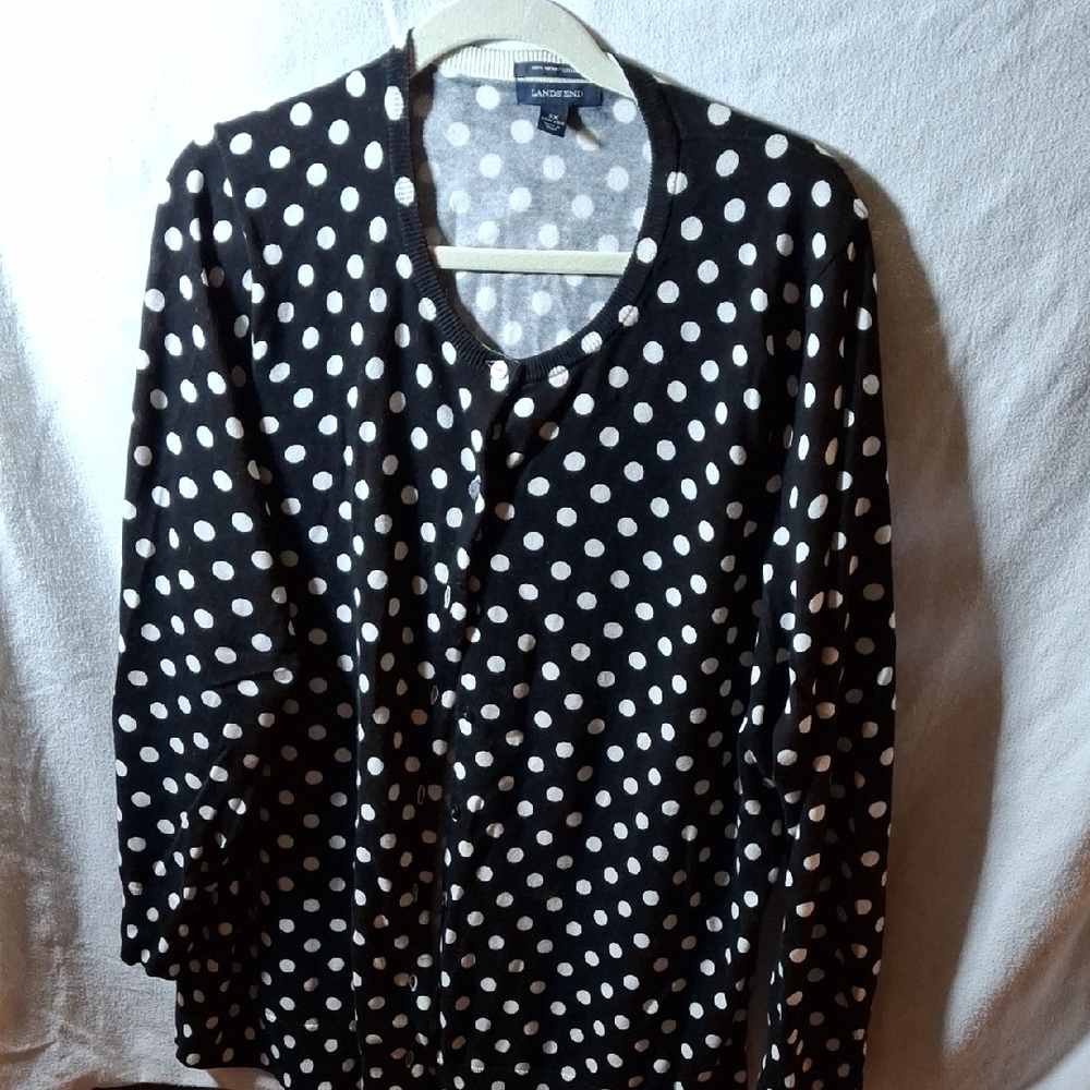 Lands' End Black and White Boxy Long Sleeve Blouse (Can012)
